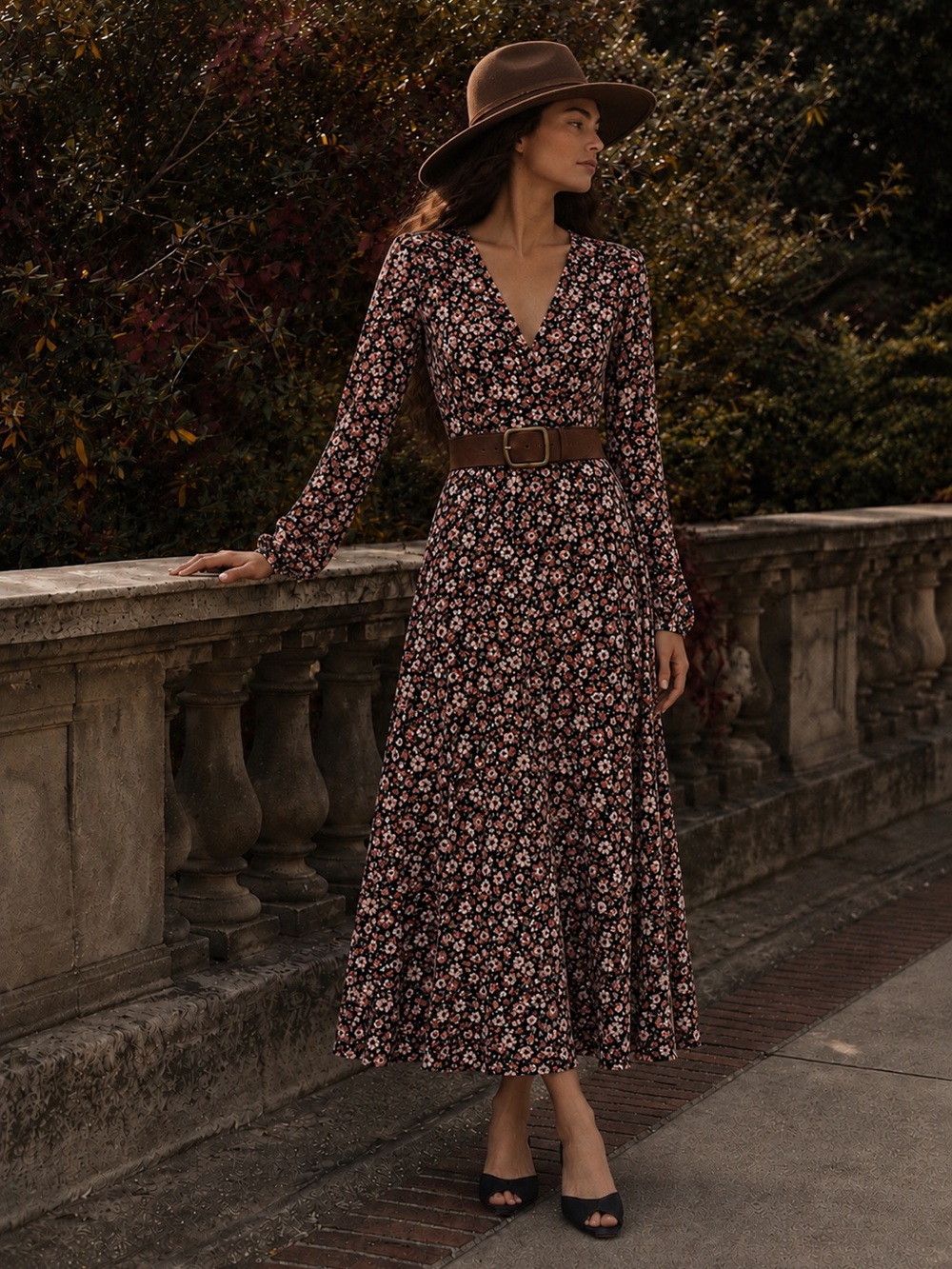 ASTR The Label Covered Button Floral Midi Dress Black Clay XS Boho Cottagecore